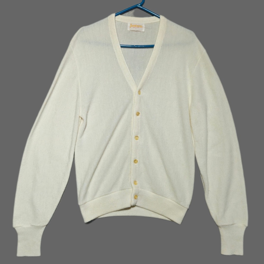 Jantzen Cardigan Sweater Women L Cream Vintage V-Neck Button Front USA Made